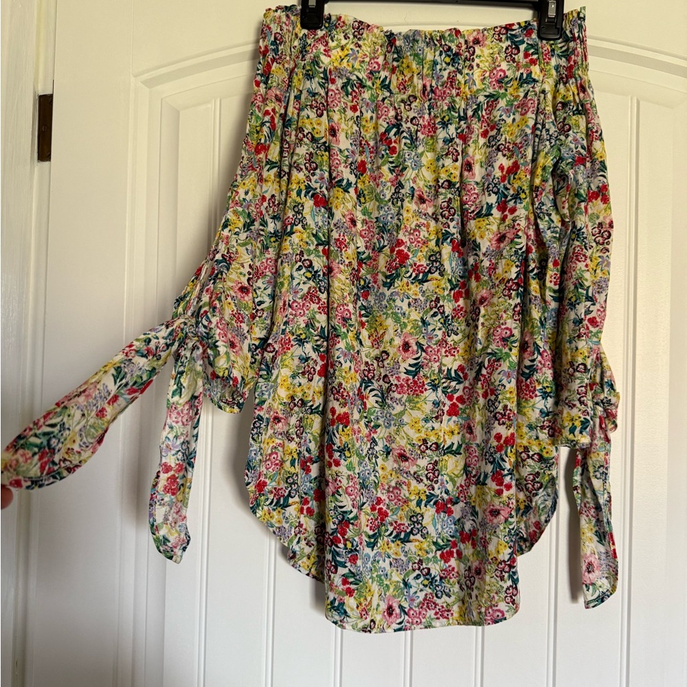HM Floral Off The Shoulder Blouse Multi Color Tie Sleeve Top US 6